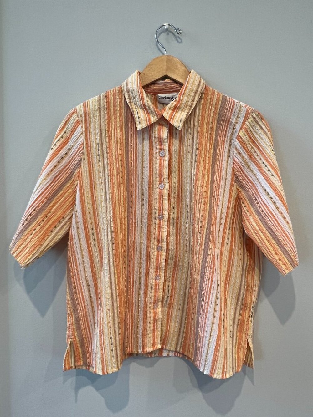 Vintage Breckenridge Textured Striped Button Down Shirt – Boho Retro Top – Size